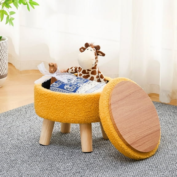 Casa Pura Furniture Storage Ottoman, Modern Round Footrest with Soft Padded Seat, Teddy Velvet Footstool with Wood Legs Living Room