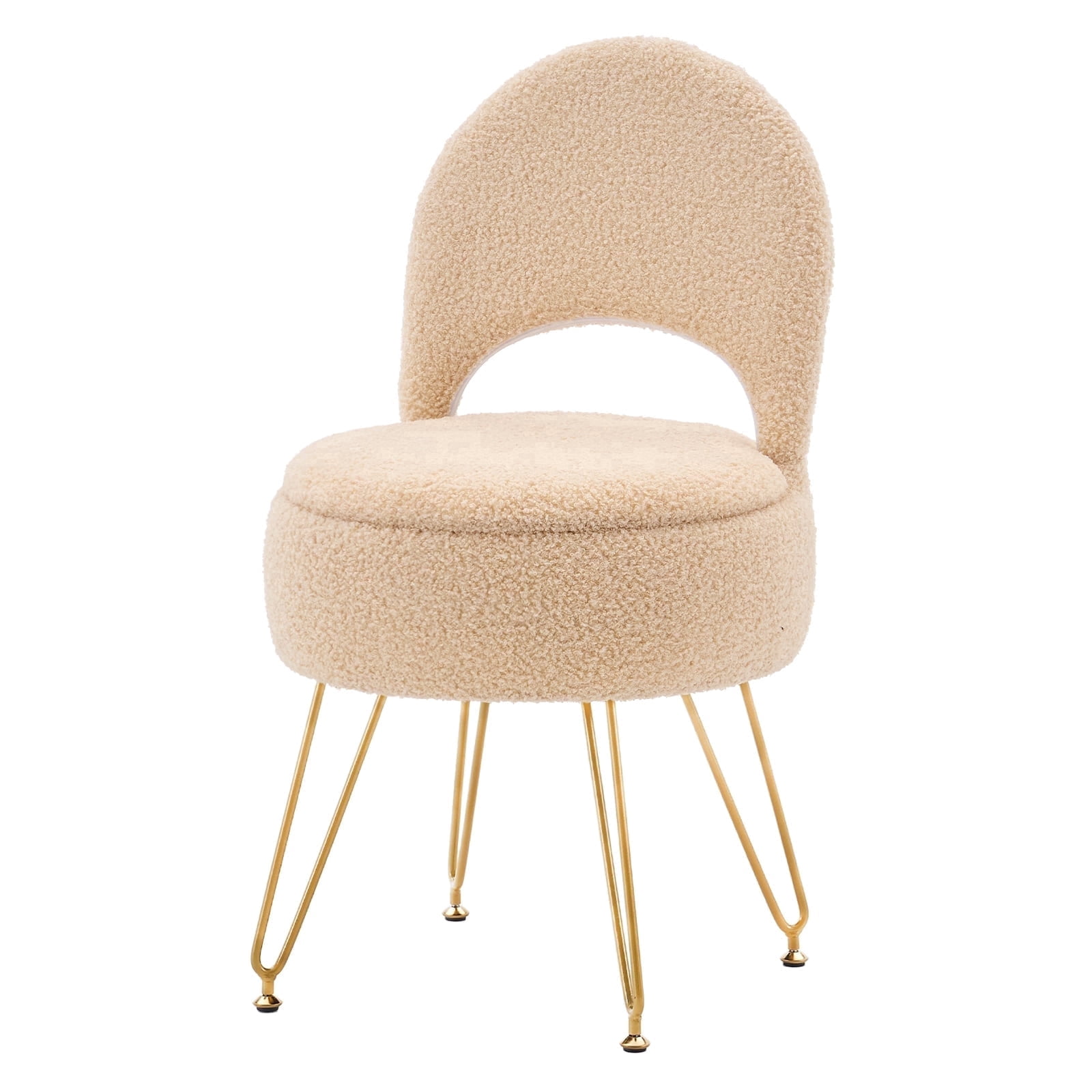 Casa Pura Furniture Modern Teddy Velvet Storage Ottoman Vanity Stool with Folding Back Round Beige 1-Piece
