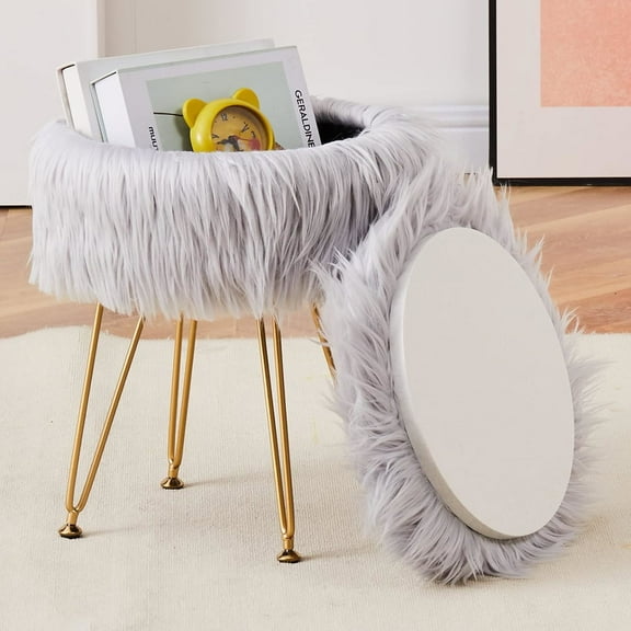 Casa Pura Furniture Vanity Stool Chair Faux Fur with Storage, 4 Metal Legs with Anti-Slip Feet, Multifunctional Chairs for Makeup