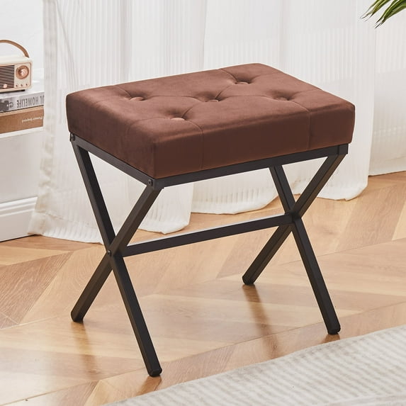 Casa Pura Furniture Velvet Tufted Ottoman, 17"x13"x18", Modern Footstool with Metal X Legs, Vanity Stool for Bedroom, Living Room, or Makeup Room (Coffee)