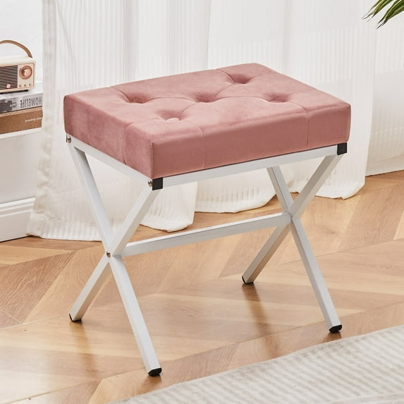 Casa Pura Furniture Velvet Tufted Ottoman, 13"x16"x17", Modern Footstool with Metal X Legs, Vanity Stool for Bedroom, Living Room, or Makeup Room (Dusty Pink)