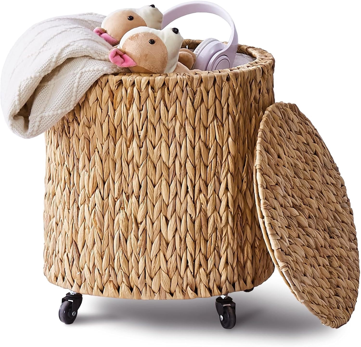 Casa Pura Furniture Vintage Storage Basket, Multipurpose Rolling Hamper with Brakable Wheels, Handwave Clothes Toy Organizer Tote for Living Room