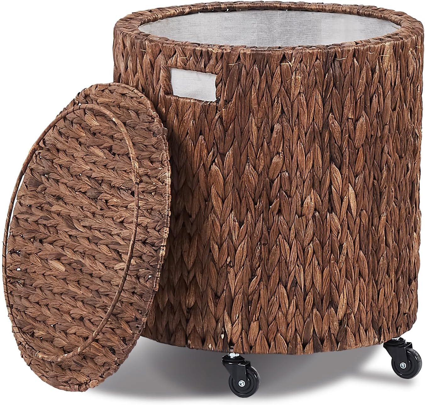 Casa Pura Furniture Vintage Storage Basket, Multipurpose Rolling Hamper With Brakable Wheels and Lid, Braid Laundry Bin, Handwave Clothes Toy Organizer Tote for Living Room