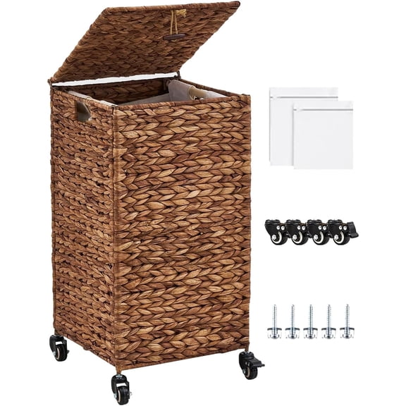 Casa Pura Furniture Water Hyacinth Laundry Hamper Basket with Lid and Wheels, Espresso, 65L, Removable Washable Liner