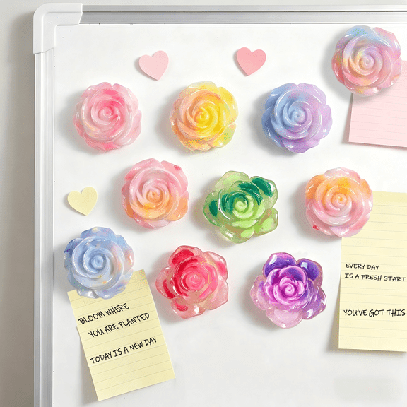 Sugar Swan 10-Piece Strong Fridge Magnets, Decorative Flower Whiteboard Magnets for Office Locker & Classroom, Colorful Resin Rose Decor