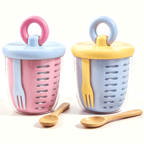 Casa Vibe 2-Pack Leakproof Salad and Overnight Oats Cup Set, 22oz Portable Yogurt Parfait Container with Removable Colander, Forks & Bamboo Spoons Included, Pink & Yellow Duo