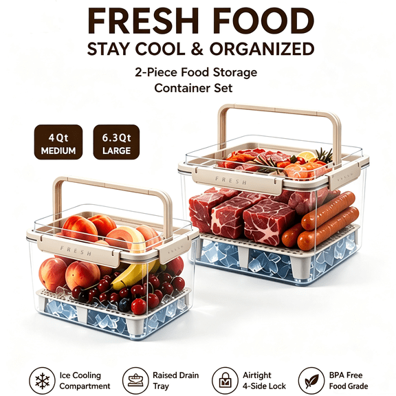 CasaVibe 2-Pc Large Food Storage Containers with Lids, Raised Drain Tray & Ice Cooling Compartment, 3.8L & 6L, for Fridge, BBQ & Camping