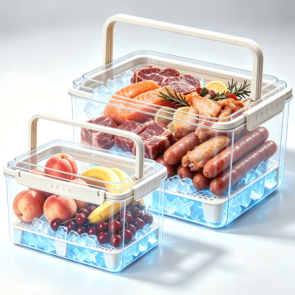 CasaVibe 2-Pc Food Storage Containers with Lids, Produce Saver Bins with Draining Tray & Ice Space, Meal Prep Set for BBQ, Fridge (3.8L & 6L)