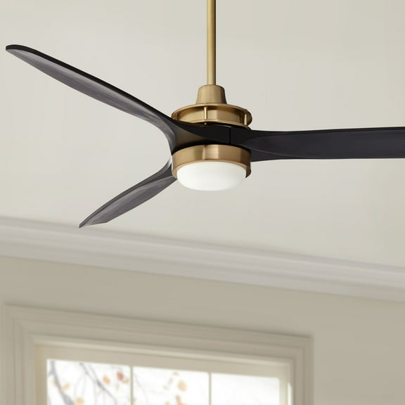 Casa Vieja 52" Windspun Indoor Ceiling Fan 3 Blade LED Light Remote Control Soft Brass Finish Motor Matte Black Finish Wood Blades