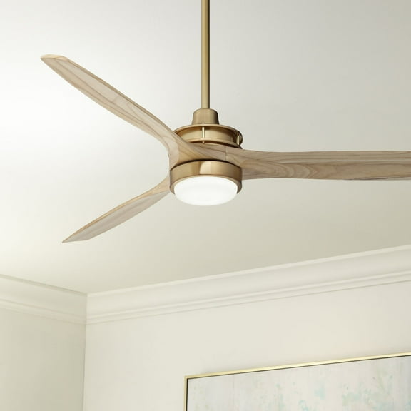 Casa Vieja 52" Windspun Modern Indoor Ceiling Fan 3 Blade LED Light Remote Control Soft Brass Finish Natural Wood Blades Bedroom
