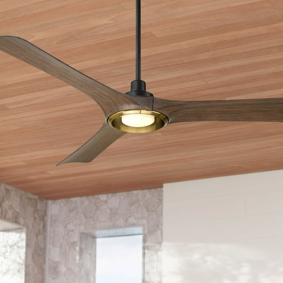 Casa Vieja 56" Ethos Indoor Outdoor Ceiling Fan 3 Blade LED Light Remote Control Matte Black Finish Dark Walnut Finish Blades Damp Rated