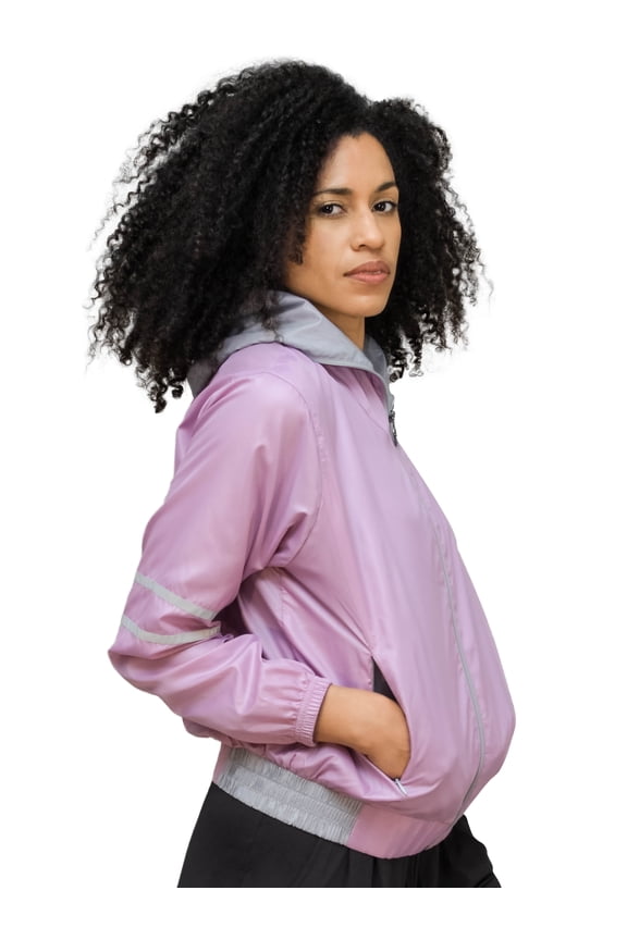 Casa Zeta-Jones Womens Lightweight Ripstop Hooded Zip-Up Jacket with Reflective Trim 2 Zipper Pockets CZJ100 (ASHS OF ROSE , S)