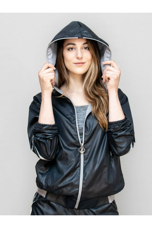 Casa Zeta-Jones Womens Lightweight Ripstop Hooded Zip-Up Jacket with Reflective Trim 2 Zipper Pockets CZJ100 (BLACK , S)