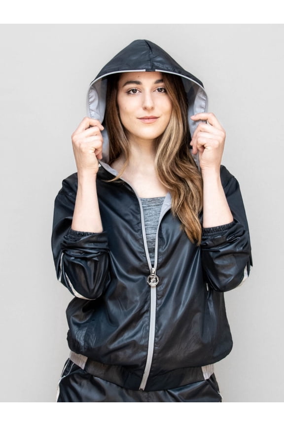 Casa Zeta-Jones Womens Lightweight Ripstop Hooded Zip-Up Jacket with Reflective Trim 2 Zipper Pockets CZJ100 (BLACK , XL)