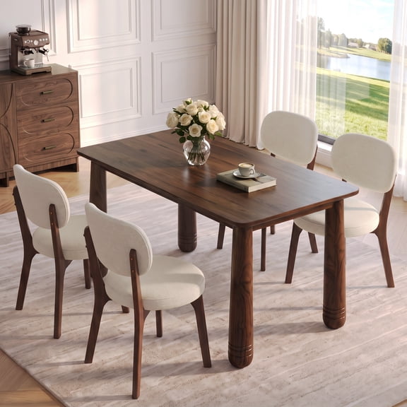 CasaBloom 63" Walnut Dining Table Set for 4, Solid Wood Kitchen Table Sets with 4-Pack Upholstered Chairs Farmhouse Dining Room Table Set