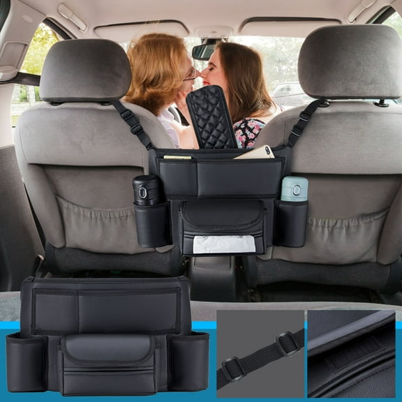 CasaChic Car Seat Storage Bag, Hanging Armrest Box Organizer with Tissue Holder, Multi-Functional Pet Barrier, Easy Install Leather Storage for Car Interior