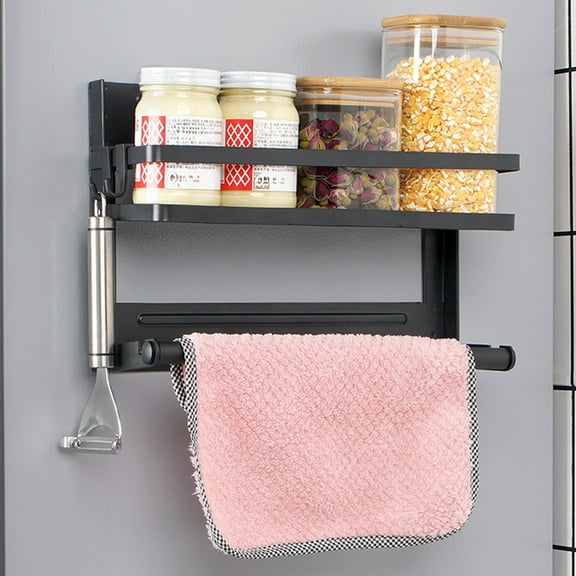 CasaChic Folding Magnetic Refrigerator Shelf, Iron Wall Mounted Organizer with Partitioned Storage, Raised Guardrail & Movable Hooks, Space Saving for Kitchen Clingfilm & Seasoning Bottles