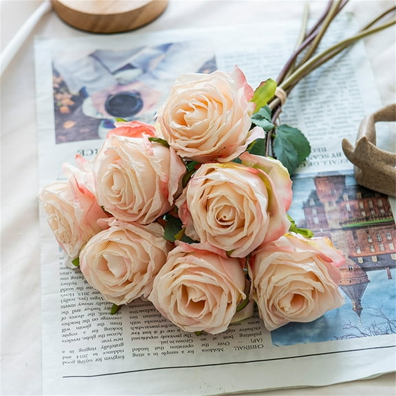 CasaChic Lifelike 7-Head European Antique Burnt Edge Roses, Realistic Artificial Flowers for Living Room & Wedding Decor - High-Quality, Low Maintenance