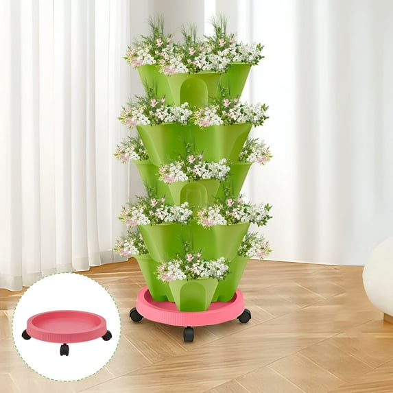 CasaChic Movable Removable Tray for Stacking Plastic Strawberry Pots, 3D Vertical Planting Basin with Space-Saving Design, Anti-Slip Bottom Pad & Easy Mobility for Home Greenhouse Farm