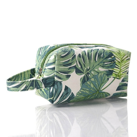 CasaChic Tropical Canvas Makeup Bag, Travel Toiletries Storage Pouch with Double Zippers & Handle - Cosmetic Purse for Women