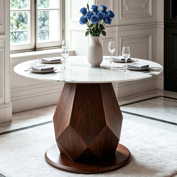 CasaGlajore 44.88" Modern Round Dining Table with Engineered Stone Top & Walnut-Finished Pedestal Base – Seats 4-6, Geometric Design for Dining Room, Kitchen, or Office