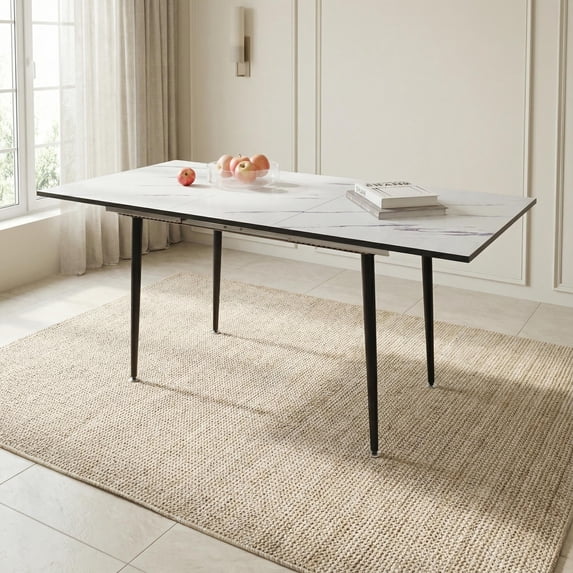 CasaGlajore 47–63" Expandable Dining Table with White Marble MDF Table Top and Tapered Black Metal Legs
