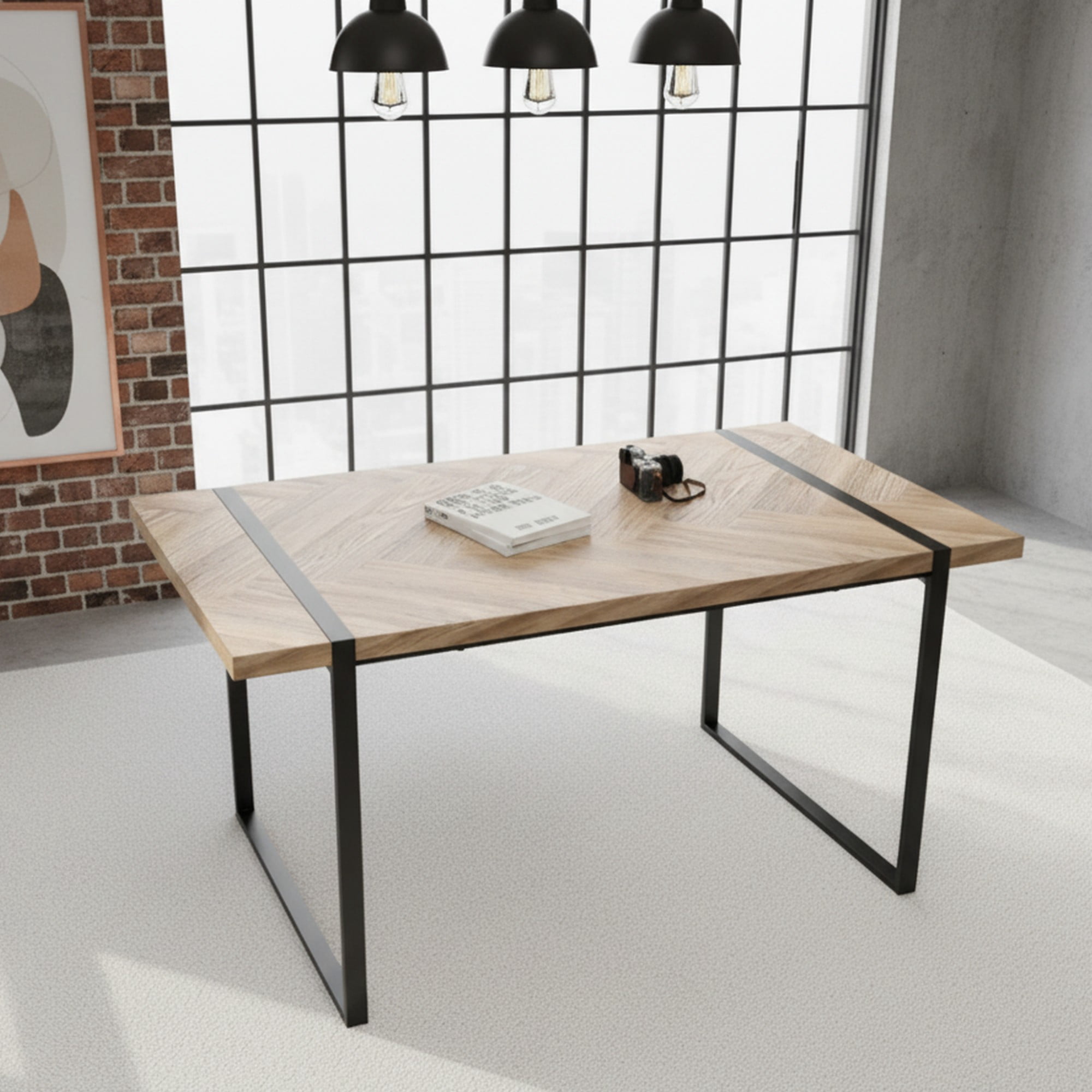 CasaGlajore 59" Modern Wood Dining Table with Black Metal Legs ...