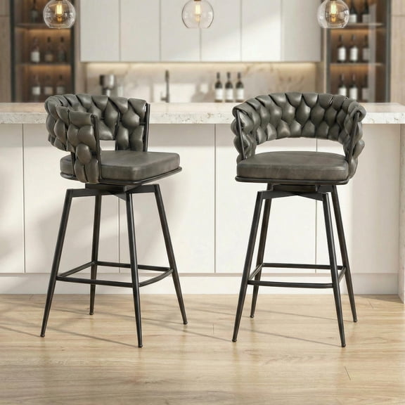 CasaGlajore Swivel Bar Stool Set of 2, 28" Fuax Leather counter stool with 360° Swivel, Metal Base & Footrest, Upholstered Woven Backrest for Dining Room, Bar Table, Cafe