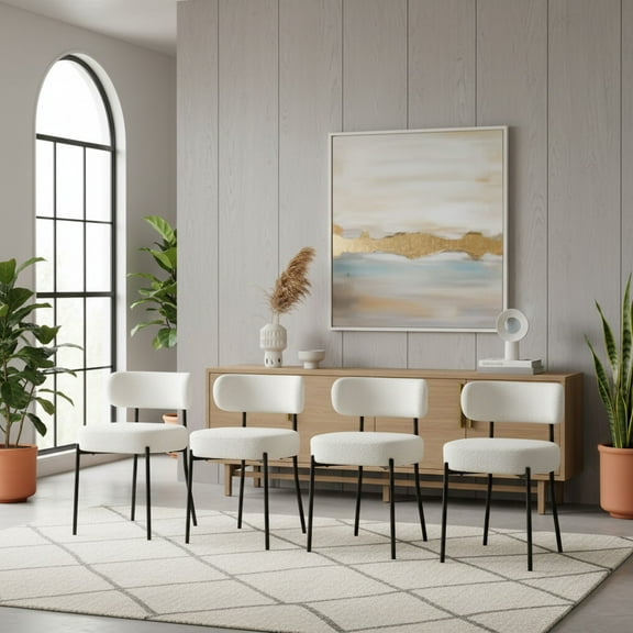 CasaGlajore White Boucle Mid-Century Dining Chairs Set of 2 or 4 – Side Chair with Curved Back and Black Metal Legs
