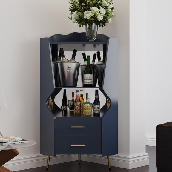 CasaGlow Wooden Corner Bar Cabinet with 2 Drawers & 2 Open Shelves, Mirrored Back Sideboard, High Legs Buffet Cabinet, Blue Home Bar Storage for Liquor & Wine