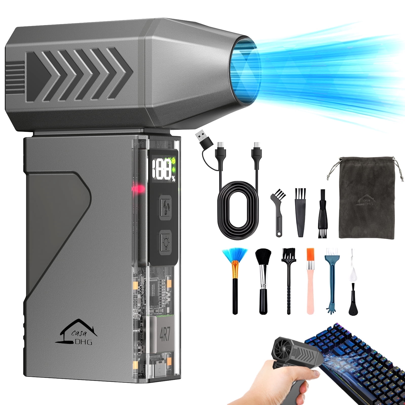 CasaHDG Compressed Air Duster with 180,000 RPM Motor, Cordless Electric Blower for Keyboard, PC, Car Interiors & Snow Cleaning – 10,000mAh Power Bank & LED Light Included