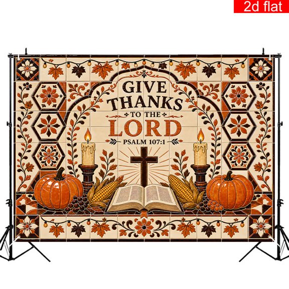 CasaVelle 3x5ft Give Thanks Backdrop, Polyester Religious Cross & Pumpkin Tile for Fall Photo Booth