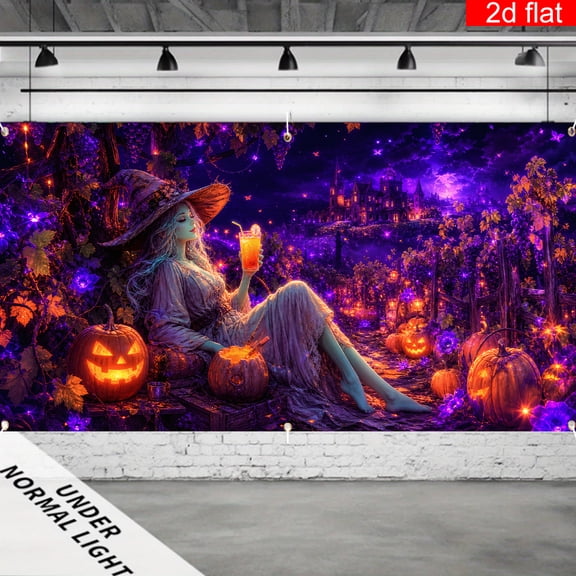 CasaVelle 5x7ft Halloween Backdrop, Polyester Elegant Witch with Glowing Pumpkins and Castle for Party Photo Booth