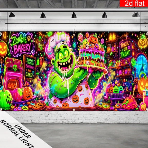 CasaVelle 5x7ft Halloween Backdrop, Polyester Neon Zombie Baker and Glowing Cake for Party Photo Booth