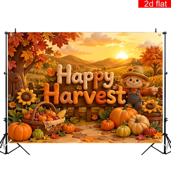 CasaVelle 5x7ft Rustic Happy Harvest Photography Backdrop Polyester Fabric Scarecrow Sunflowers Pumpkin Autumn Sunset Farm Scene Party Decor Banner