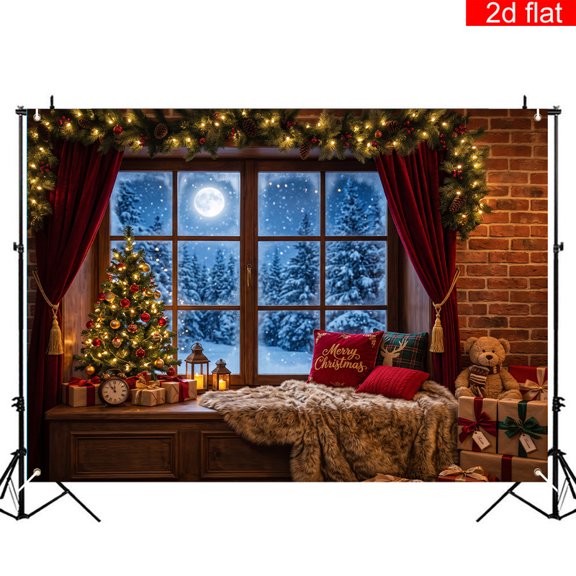 CasaVelle Christmas Backdrop, Cozy Winter Living Room Scene with Christmas Tree and Snowy Window, Polyester Fabric Holiday Decor, 7 x 5 FT