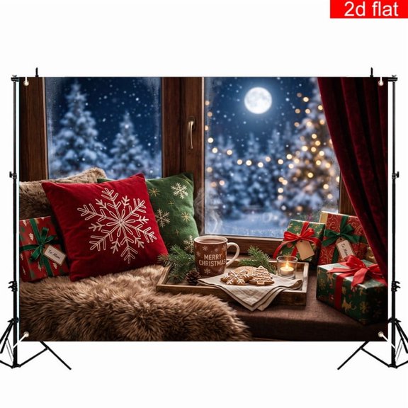 CasaVelle Christmas Backdrop, Cozy Winter Window Scene with Snowy Trees and Gifts, Polyester, 3 x 5 ft