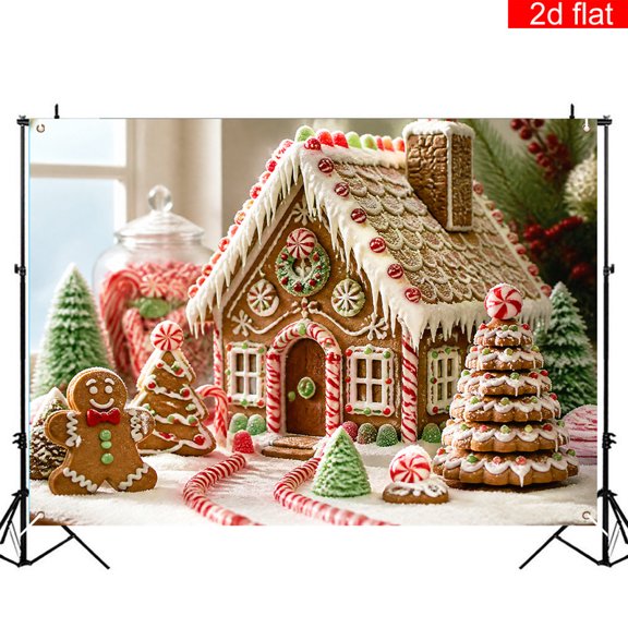 CasaVelle Christmas Backdrop, Gingerbread House Scene with Peppermint Candy and Cookies, Polyester Fabric Party Decor, 3 x 5 ft