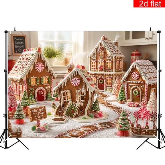 CasaVelle Christmas Backdrop, Gingerbread Village Candyland Winter Scene Polyester Fabric Wall Background for Holiday Party Photo Booth Decoration, 3 x 5 FT