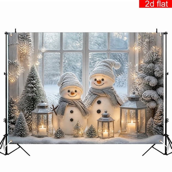 CasaVelle Christmas Backdrop, Snowman Winter Window Scene with Snowy Trees and Lanterns, Polyester, 3 x 5 ft