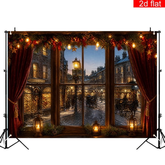 CasaVelle Christmas Backdrop, Snowy Winter Village Window Scene with Lights and Lanterns, Polyester Fabric Holiday Decor, 4 x 6 FT