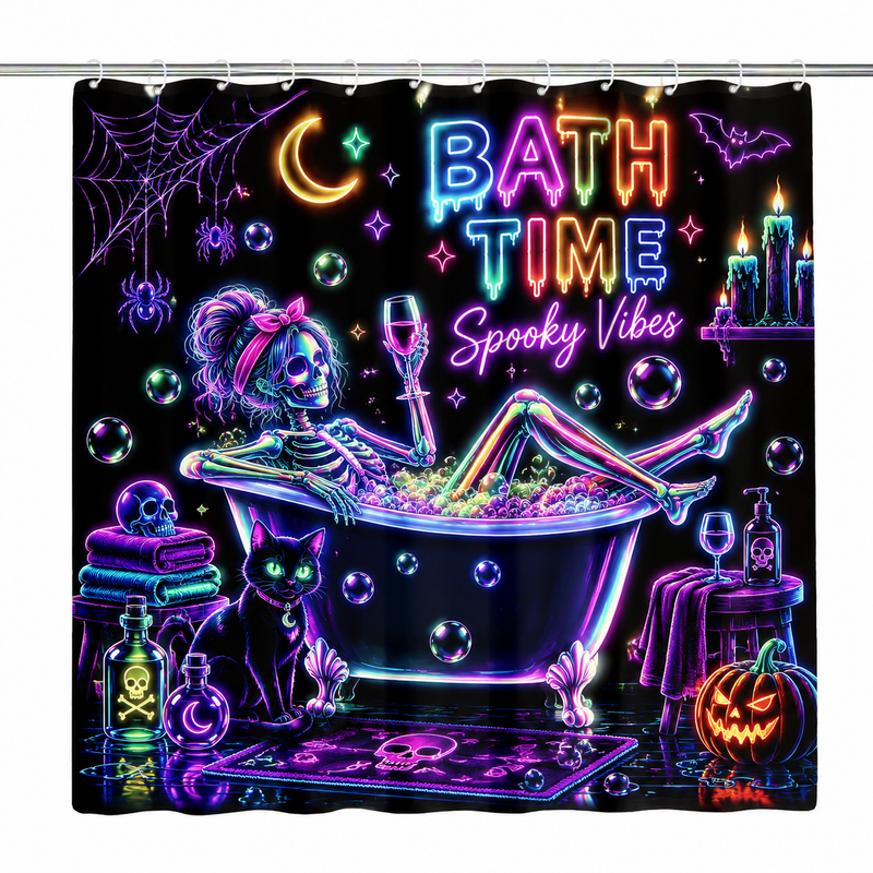 CasaVelle Halloween Shower Curtain, Polyester, Neon Skeleton Bat Black ...