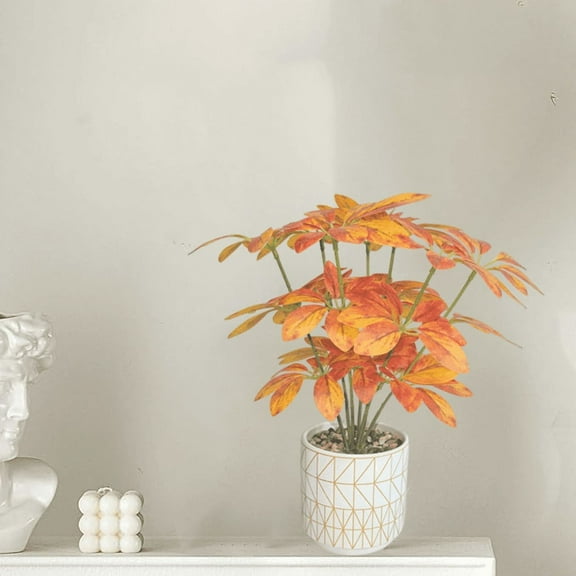 CasaVibe 11.81-Inch Artificial Money Tree  Schefflera - Premium Lifelike Foliage with Orange Ceramic Striped Pot, Indoor Decor for Home, Office, Shelf