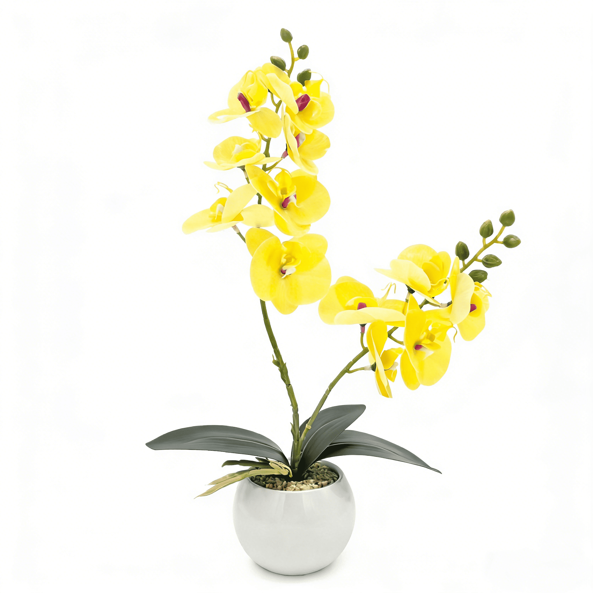CasaVibe 12-Stem Yellow Orchid Artificial Flowers, 42cm Tall Potted Fake Orchids with Real Touch, Ceramic Pot & Real Pebbles, Perfect for Home Decoration