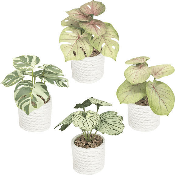 CasaVibe 4-Pack Mini Artificial Tropical Plants in Woven Pots - Premium Lifelike Monstera & Calathea, Boho Indoor Decor for Shelf, Desk, Home