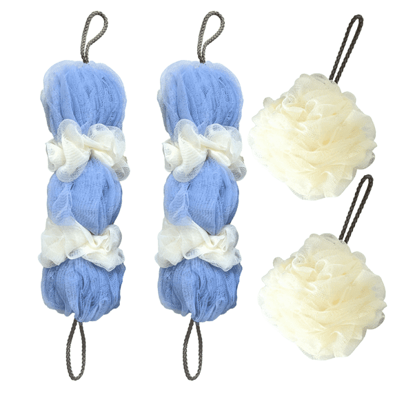 CasaVibe Loofah Set 4-Piece - 2x120g 3-Segment Loofah Bath Sponge Body Scrubbers + 2x50g Soft Sponge, PET Mesh for Rich Lathering & Gentle Exfoliating