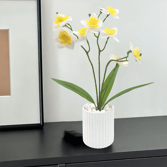 CasaVibe Yellow White Artificial Daffodil Arrangement - Premium Lifelike Blooms in White Ribbed Ceramic Pot, Inspired Indoor Decor for Home, Shelf, Tabletop