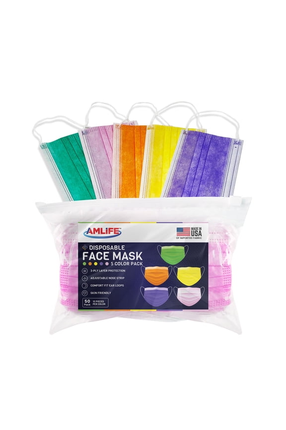 50 Pack Multi-Color Disposable Face Masks 3-Ply - Made in USA with Imported Fabric