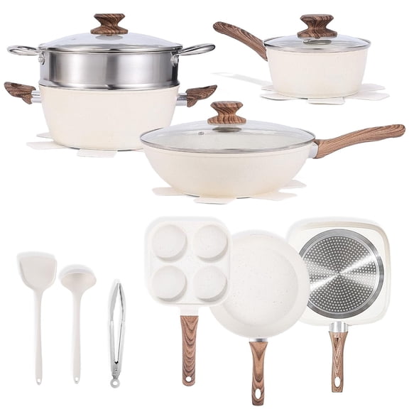 Casabay 17-Piece Non-Stick Cookware Set, Healthy Pots and Pans with Lids & Removable Handle, Space-Saving for Kitchen Storage, Beige