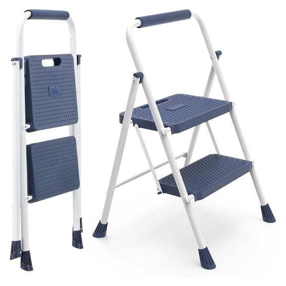 Casabay 2-Step Ladder with Anti-Slip Pedal, Foldable Step Stool with Solid Triangular Structure & 800 Lbs Sturdy Steel Ladder for Home, Kitchen, Garage, Blue